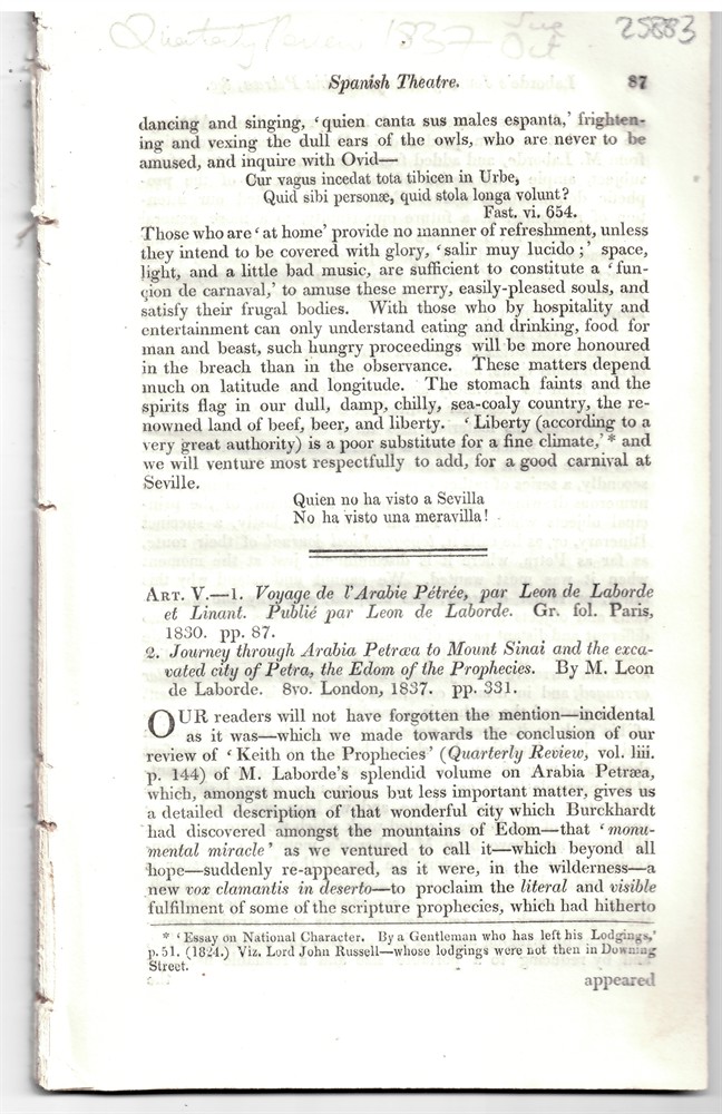 [PETRA] QUARTERLY REVIEW - Art. V. - 1. Voyage de L'Arabie Ptre, par Leon de Laborde... 2. Journey Through Arabia Petraea to Mount Sinai and the Excavated City of Petra, the Edom of the Prophecies. B... Disbound from the Quarterly Review July-October 1837