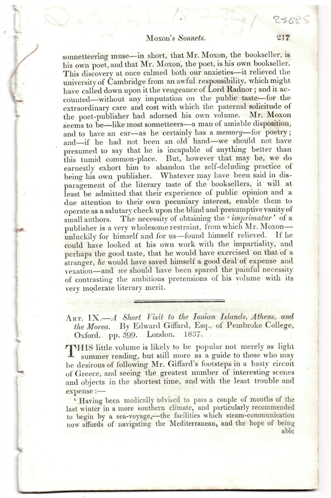 [GREECE] QUARTERLY REVIEW - Art. IX. - a Short Visit to the Ionian Islands, Athens, and the Morea. By Edward Giffard, Esq. , of Pembroke College, Oxford, Pp. 399. London, 1837 - Disbound from the Quarterly Review 1837