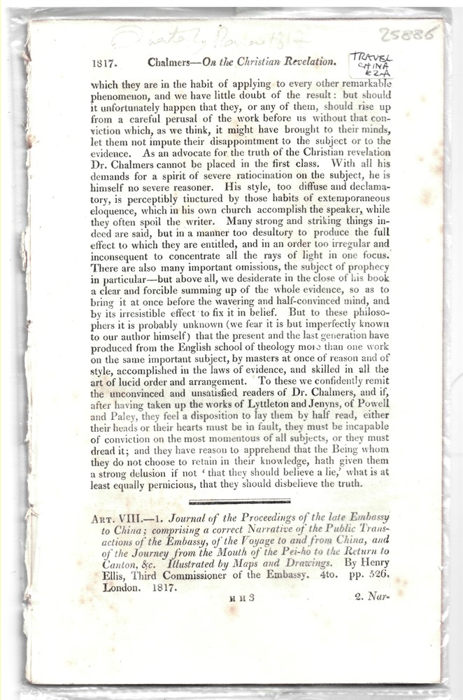 [CHINA] QUARTERLY REVIEW - Art. VIII. - 1. Journal of the Proceedings of the Late Embassy to China; Comprising a Correct Narrative of the Public Transactions of the Embassy,... . by Henry Ellis, Third Commissioner of the Embassy... . - Disbound from the Quarterly Review 1817