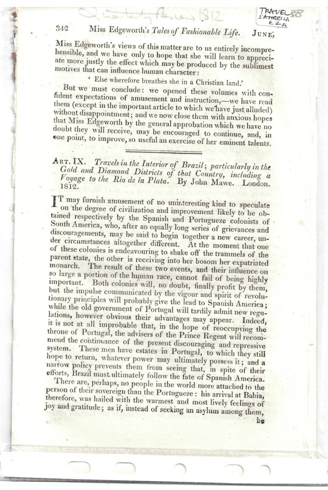 [BRAZIL] QUARTERLY REVIEW - Art. IX. Travels in the Interior of Brazil; Particularly in the Gold and Diamond Districts of That Country, Including a Voyage to the Rio de la Plata. By John Mawe. London, 1812. - Disbound from the Quarterly Review 1812
