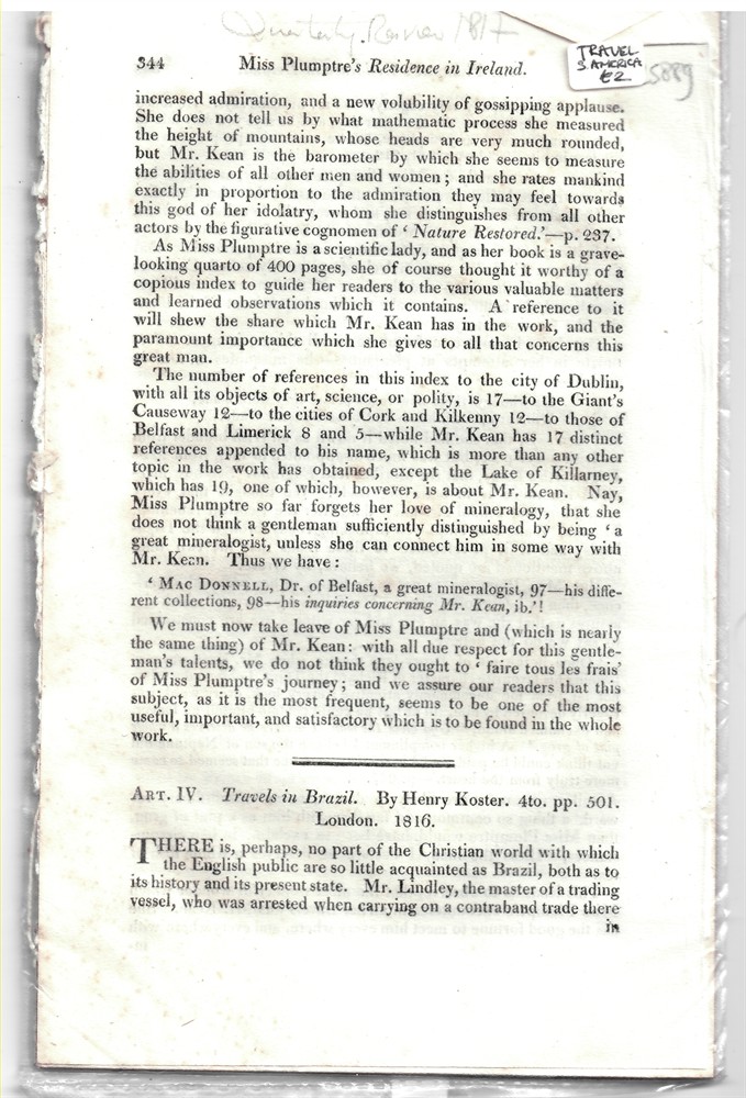 [BRAZIL] QUARTERLY REVIEW - Art. IV. Travels in Brazil. By Henry Koster. 4to. Pp. 501. London, 1816 - Disbound from the Quarterly Review 1816