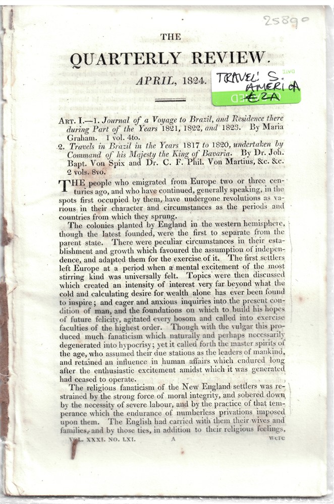 [BRAZIL] QUARTERLY REVIEW - Art. I. - 1. Journal of a Voyage to Brazil, and Residence There During Part of the Years 1821, 1822, and 1823. By Maria Graham... . - Disbound from the Quarterly Review April 1824