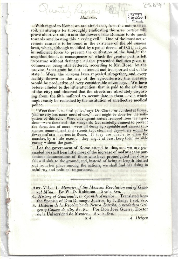 [MEXICO & CENTRAL AMERICA - INDEPENDENCE] QUARTERLY REVIEW - Art. VII. - 1. Memoirs of the Mexican Revolution and of General Mina. By W.D. Robinson. 2 Vols. 8vo. 2. History of Guatimala, in Spanish America... . - Disbound from the Quarterly Review October-January 1823/24