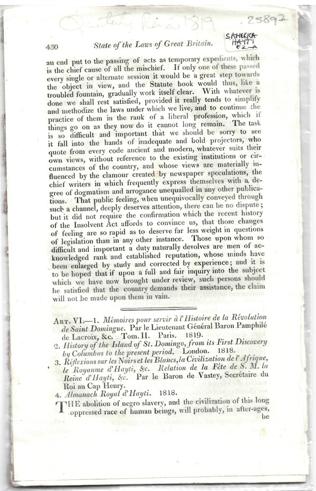 [HAITI - SANTO DOMINGO - SLAVERY] QUARTERLY REVIEW - Art. VI. - 1. Mmoires Pour Servir  L'Histoire de la Rvolution de Saint Domingue. Par le Lieutenant Gnral Baron Pamphil de Lacroix,... - Disbound from the Quarterly Review 1819