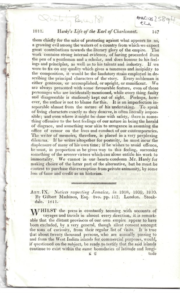 [JAMAICA - SLAVERY] QUARTERLY REVIEW - Art. IX. Notices Respecting Jamaica, in 1808, 1809, 1810. By Gilbert Mathison, Esq. 8vo. Pp. 117. London. Stockdale 1811 - Disbound from the Quarterly Review 1811