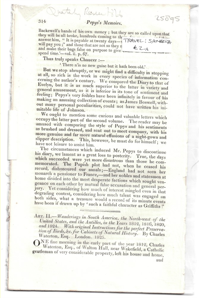 [NATURAL HISTORY - SOUTH AMERICA] QUARTERLY REVIEW - Art. II. - Wanderings in South America, the North-West of the United States and the Antilles, in the Years 1812, 1816, 1820 and 1824... . by Charles Waterton, Esq. London 1825 - Disbound from the Quarterly Review 1826