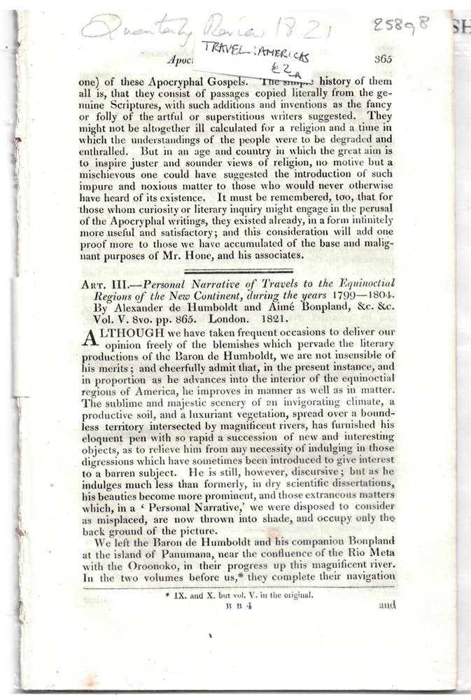 [HUMBOLDT - SOUTH AMERICA - NATURAL HISTORY] QUARTERLY REVIEW - Art. III. Personal Narrative of Travels to the Equinoctal Regions of the New Continent, During the Years 1799-1804. By Alexander de Humboldt and Aim Bonpland; & C. &C. Vol. V. 8vo. Pp. 865. London, 1821. - Disbound from the Quarterly Review 1821