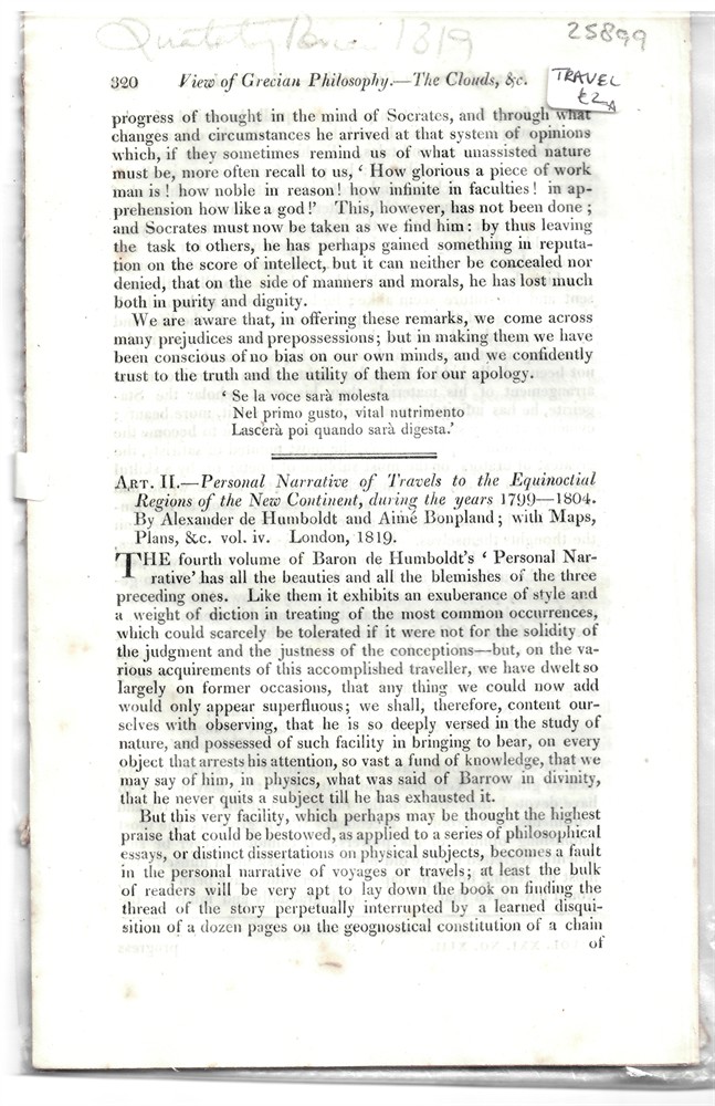 [HUMBOLDT - SOUTH AMERICA - NATURAL HISTORY] QUARTERLY REVIEW - Art. II. Personal Narrative of Travels to the Equinoctal Regions of the New Continent, During the Years 1799-1804. By Alexander de Humboldt and Aim Bonpland; with Maps, Plans, & C. Vol. IV. London, 1819. - Disbound from the Quarterly Review 1819