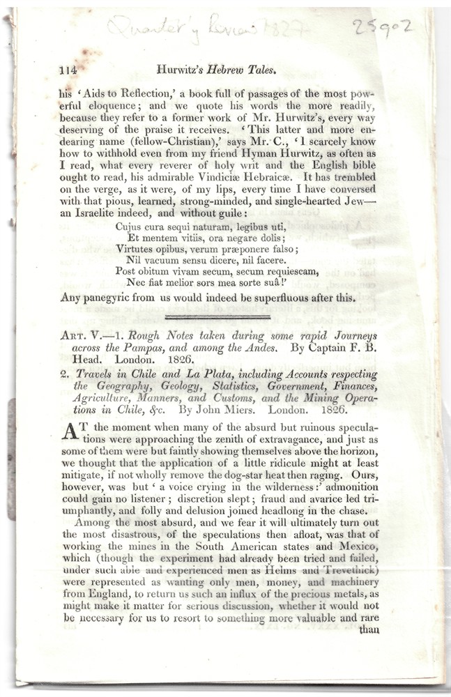 [CHILE - ARGENTINA] QUARTERLY REVIEW - Art. V. - 1. Rough Notes Taken During Some Rapid Journeys Across the Pampas, and Among the Andes. By Captain F.B. Head. London. 1826... . - Disbound from the Quarterly Review 1827