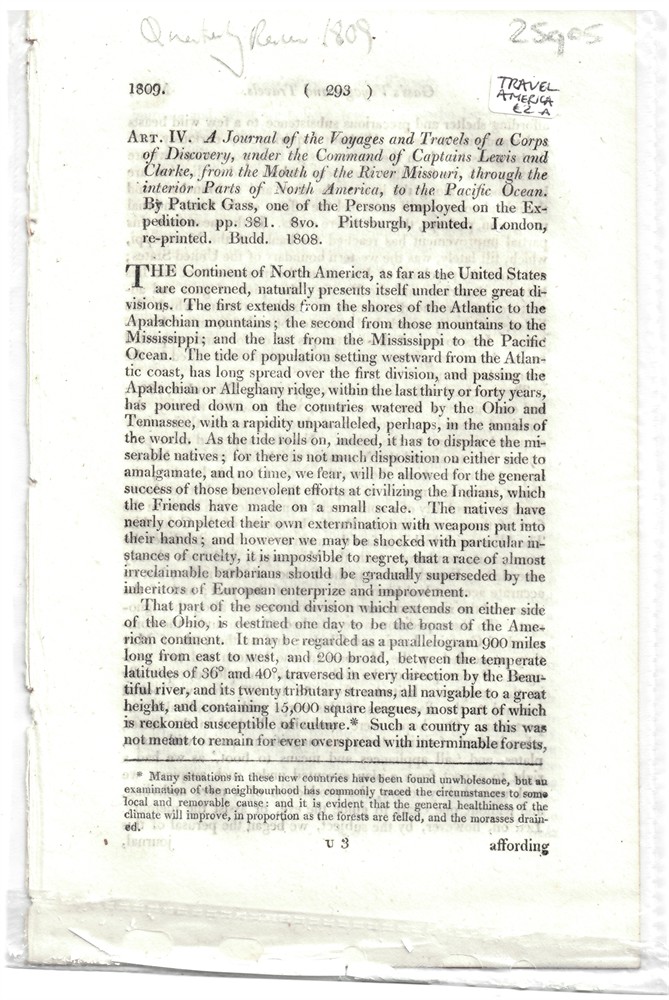 [UNITED STATES - LEWIS & CLARKE] QUARTERLY REVIEW - Art. IV. A Journal of the Voyages and Travels of a Corps of Discovery, Under the Command of Captains Lewis and Clarke,... - Disbound from the Quarterly Review 1809