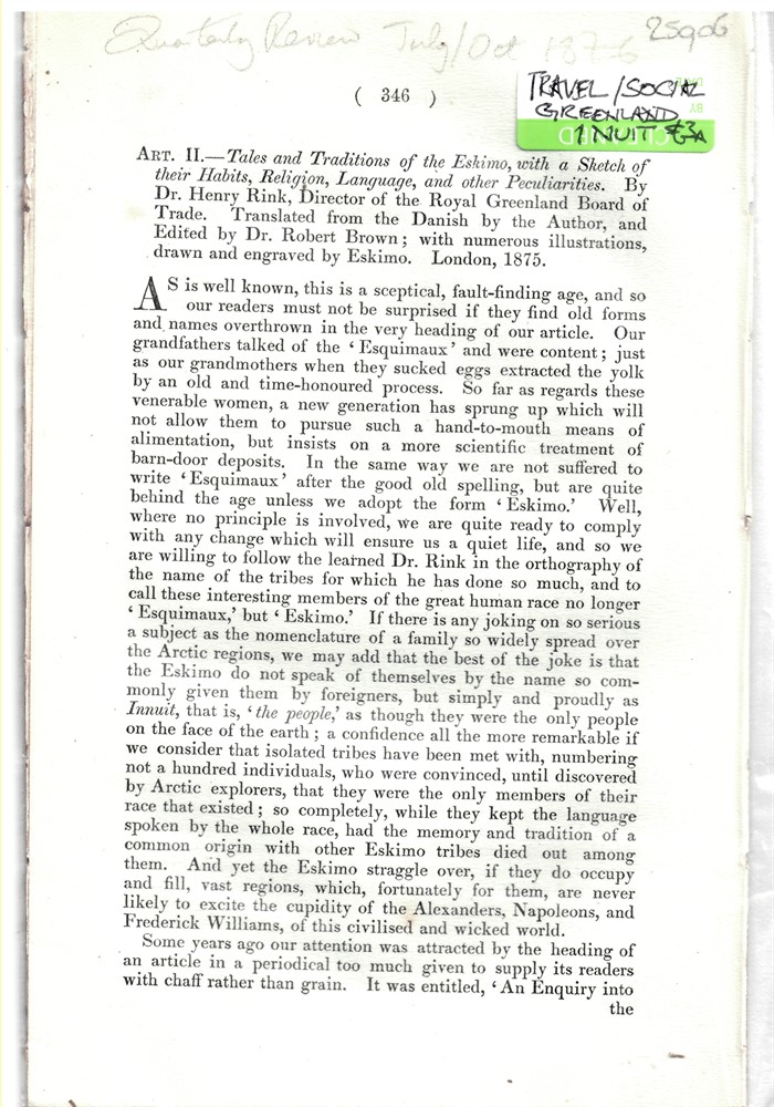 [ARCTIC - ESKIMOS] QUARTERLY REVIEW - Art. II - Tales and Traditions of the Eskimo, with a Sketch of Their Habits, Religion, Language, and Other Peculiarities. By Dr. Henry Rink,... - Disbound from the Quarterly Review 1876