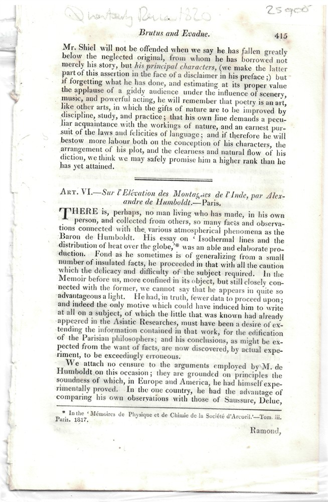[INDIA - HIMALAYAS] QUARTERLY REVIEW - Art. VI. - Sur L'elvation Des Montagnes de L'Inde, par Alexandre de Humboldt. - Paris. - Disbound from the Quarterly Review 1820