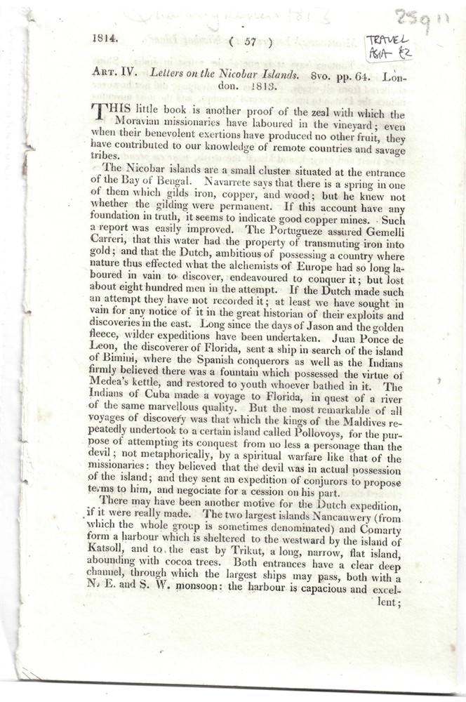 [INDIA - NICOBAR ISLANDS] QUARTERLY REVIEW - Art. IV. Letters on the Nicobar Islands. 8vo. Pp. 64. London. 1813 - Disbound from the Quarterly Review 1814
