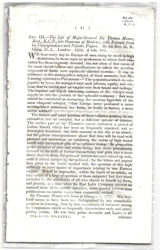 [INDIA - MADRAS - THOMAS MUNRO] QUARTERLY REVIEW - Art. III. - the Life of Major-General Sir Thomas Munro, Bart. , K.C. B. , Late Governor of Madras; with Extracts from His Correspondence and Private Papers. By the Rev. G.R. Gleig, M.A. London, 1830. 2 Vols. 8vo. - Disbound from the Quarterly Review 1830