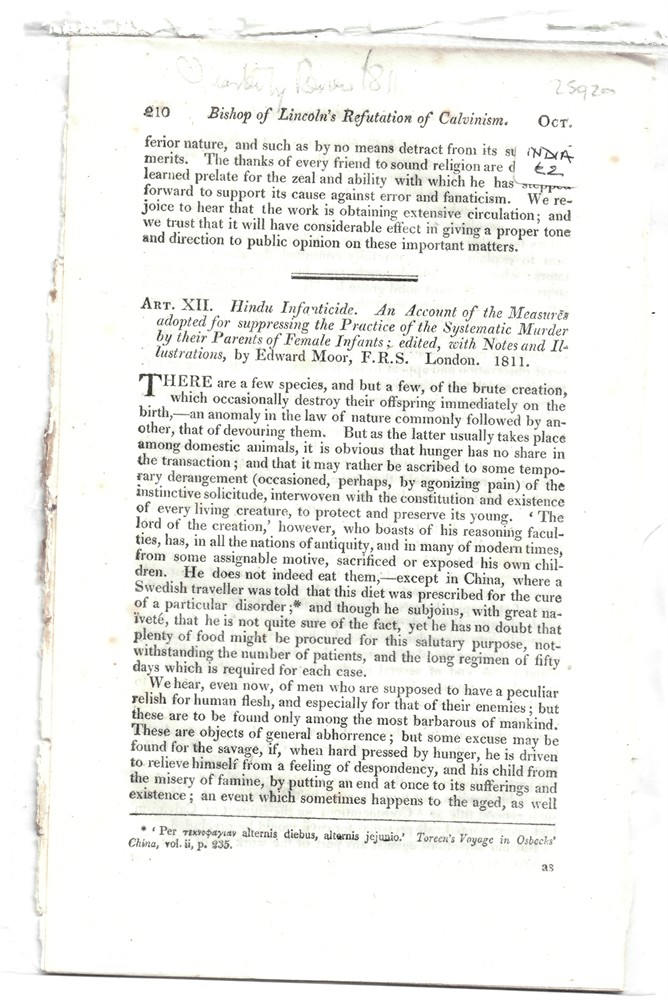 [INDIA - INFANTICIDE] QUARTERLY REVIEW - Art. XII. Hindu Infanticide. An Account of the Measures Adopted for Suppressing the Practice of the Systematic Murder by Their Parents of Female Infants; Edited, with Notes and Illustrations, by Edward Moor, F.R. S. London, 1811 - Disbound from the Quarter