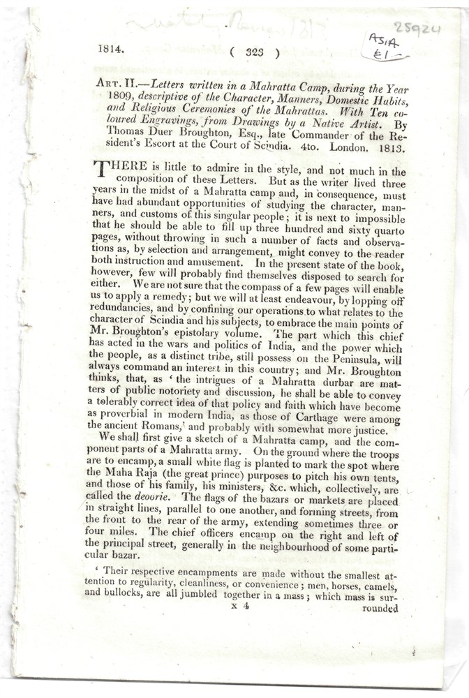 [INDIA - MAHRATTA] QUARTERLY REVIEW - Art. II. - Letters Written in a Mahratta Camp, During the Year 1809, Descriptive of the Character,... By Thomas Duer Broughton... - Disbound from the Quarterly Review 1814