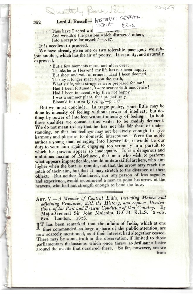 [INDIA - MALWA] QUARTERLY REVIEW - Art. V. - a Memoir of Central India, Including Malwa and Adjoining Provinces; with the History, and Copious Illustrations, of the Past and Present Condition of That Country. By Major-General Sir John Malcolm, G.C. B.K. L.S. 2 Vols. 8vo. London. 1823 - Disb