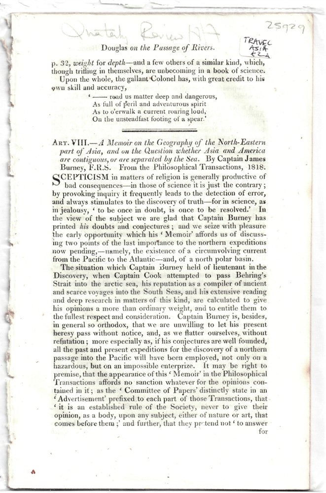 [INDIA - BERING STRAIT AMERICA ASIA] QUARTERLY REVIEW - Art. VIII. - a Memoir on the Geography of the North-Eastern Part of Asia, and on the Question Whether Asia and America Are Contiguous, or Are Separated by the Sea. By Captain James Burney, F.R. S. From the Philosophical Transactions, 1818 - Disbound from T
