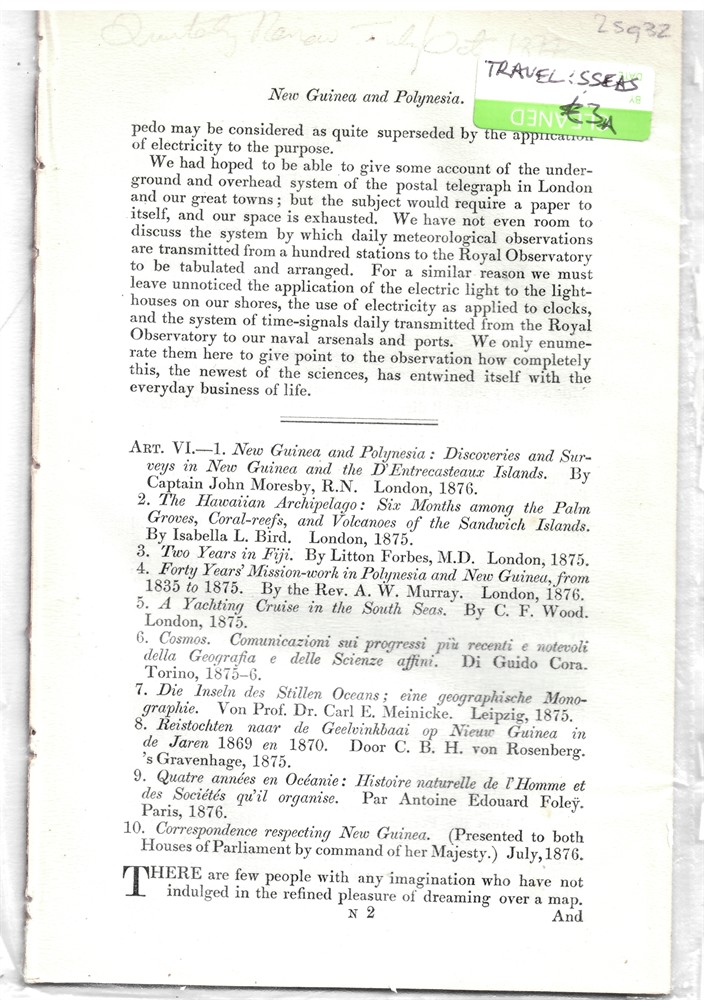 [POLYNESIA - MELANESIA - HAWAI'I] QUARTERLY REVIEW - Art. VI. - 1. New Guinea and Polynesia: Discoveries and Surveys in New Guinea and the D'Entrecasteaux Islands. By Captain John Moresby, R.N. London 1876... - Disbound from the Quarterly Review July-October 1877
