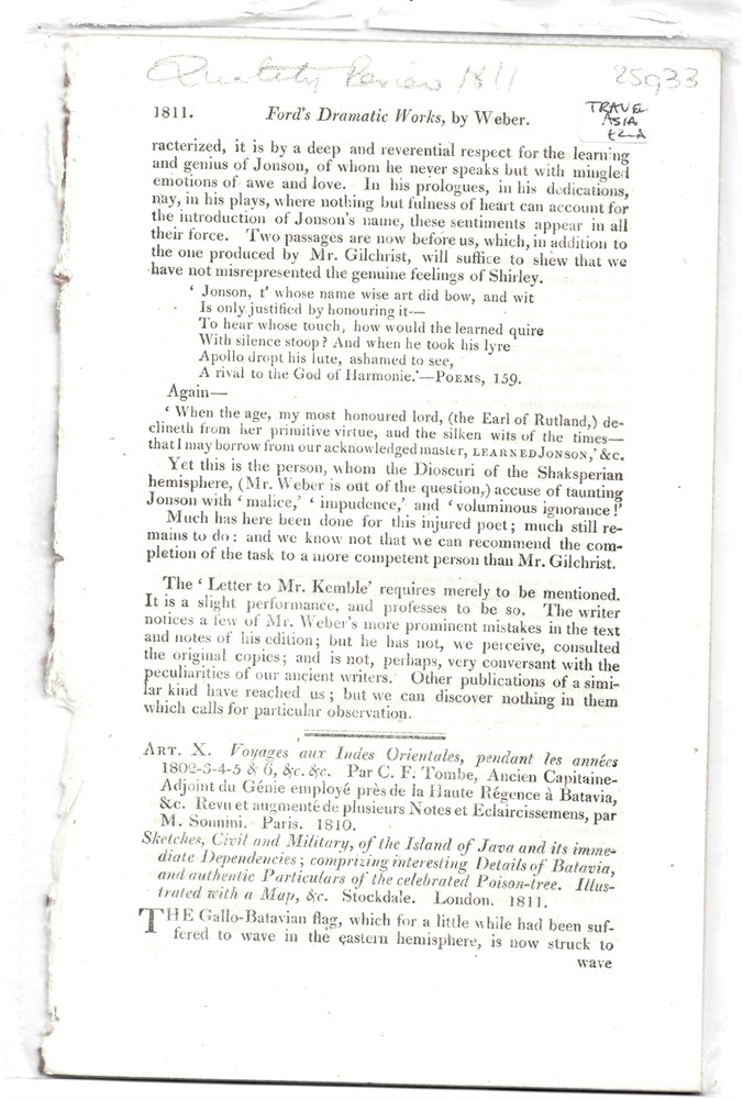[INDONESIA] QUARTERLY REVIEW - Art. X. Voyages Aux Indes Orientales, Pendant Les Annes 1802-3-4-5 & 6, &C, &C. Par C.F. Tombe, Ancien Capitaine-Adjoint Du Gniee Employ Prs de la Haute Rgence  Batavia, &C. Revu Et Augment de Plusieurs Notes Et Eclaircissemens, par M. Sounini. Par