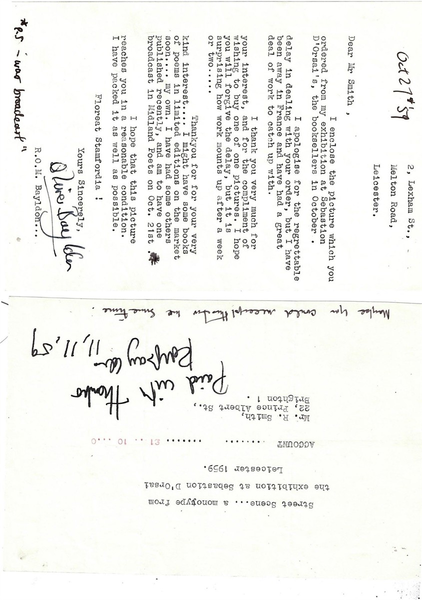 BAYLDON, OLIVER - Exhibition Catalogue, Linocut, and Autographed Letters.