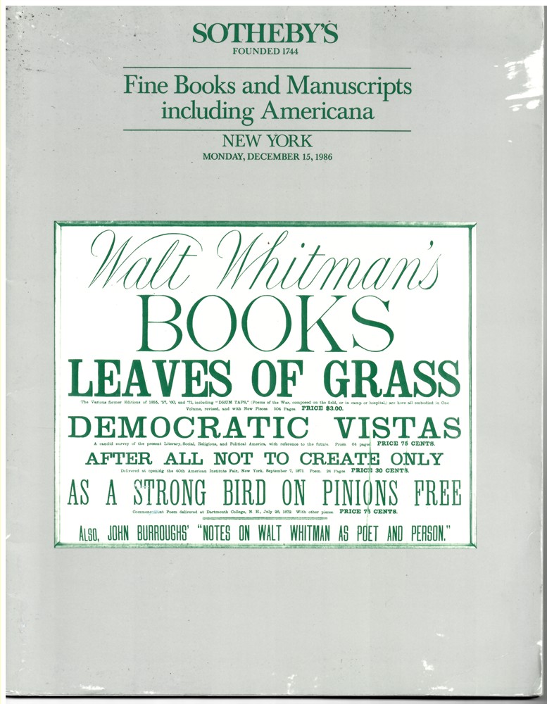SOTHEBY'S - Fine Books and Manuscripts Including Americana. New York. Monday, December 15, 1986