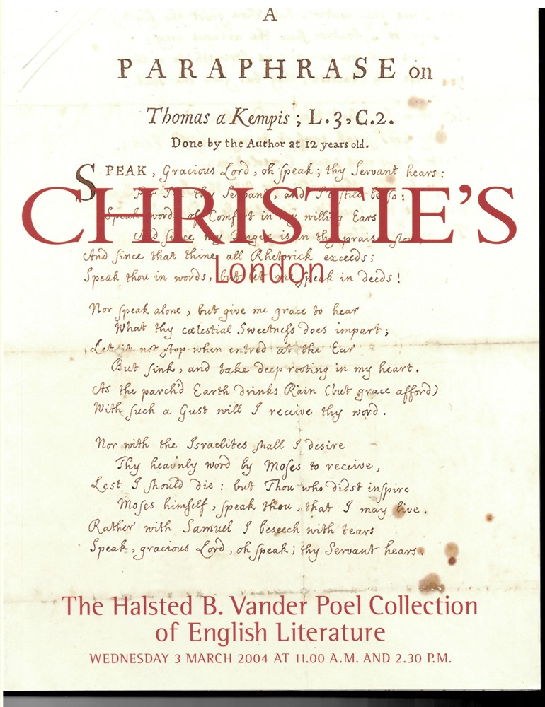 CHRISTIE'S - The Halsted B. Vander Poel Collection of English Literature. Wednesday 3 March 2004