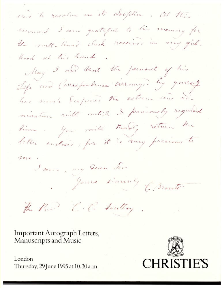 CHRISTIE'S - Important Autograph Letters, Manuscripts and Music. London. Thursday, 29 June 1995