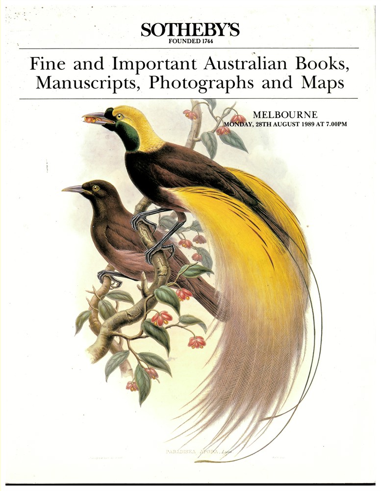 SOTHEBY'S MELBOURNE - Fine and Important Australian Books, Manuscripts, Photographs and Maps. Memlbourne, . Monday 28th August 1989