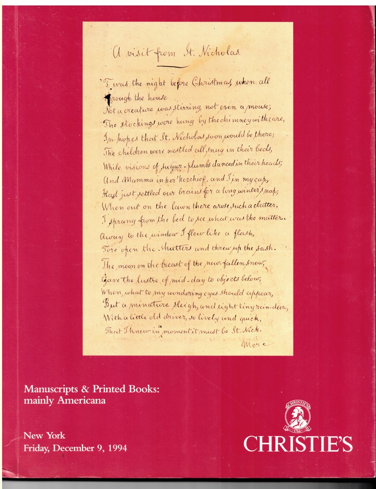CHRISTIE'S - Manuscripts & Printed Books: Mainly Americana. New York. Friday, December 9 1994