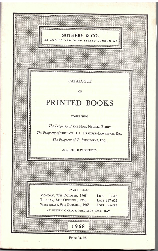 SOTHEBY'S - Catalogue of Printed Books Comprising English Literature of the 16th to 19th Century,... Monday, 7, 8, 9 October 1968