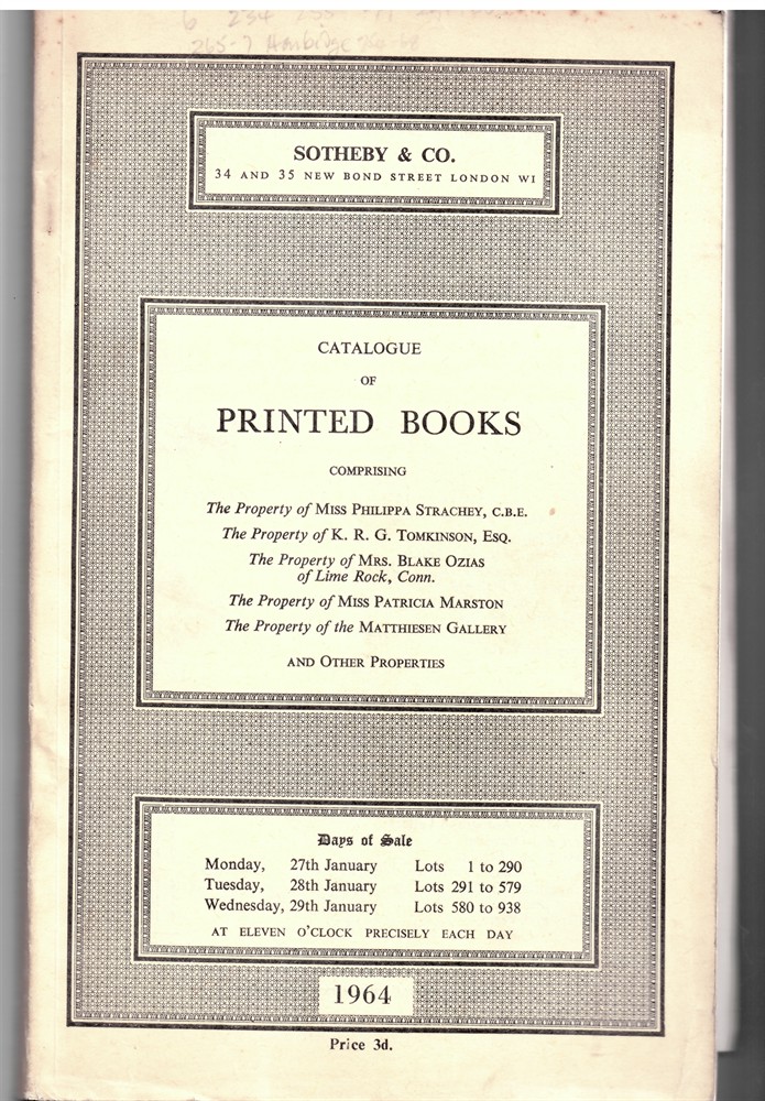SOTHEBY'S - Catalogue of Printed Books Comprising the Art Reference Library of the Matthiesen Galler... Monday, 27 January 1964