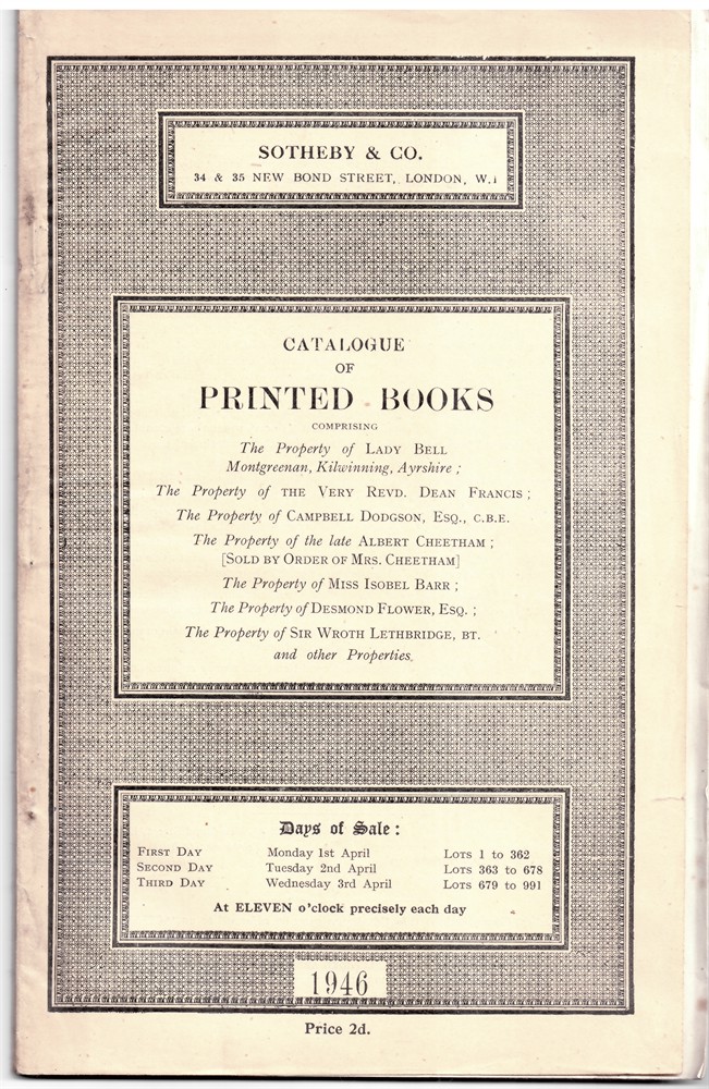 SOTHEBY'S - Catalogue of Printed Books Comprising First, Standard and Limited Editions of English Literature, History... Monday 1 April 1946