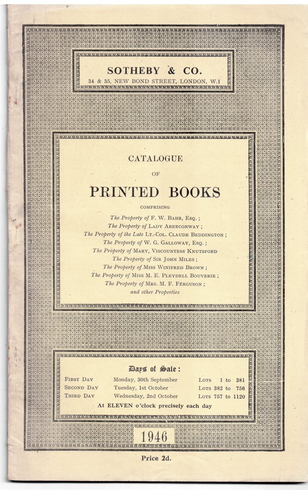 SOTHEBY'S - Catalogue of Printed Books Comprising First, Standard and Limited Editions of English Literature, History... Monday 30 September 1 2 October 1946