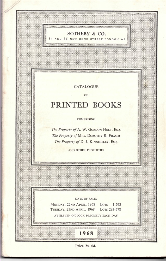 SOTHEBY'S - Catalogue of Printed Books Comprising English Literature of the 16th to 20th Century... . Monday 22 23 April 1968