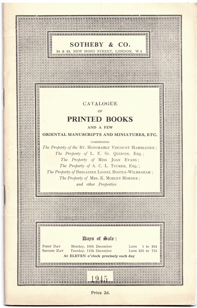 SOTHEBY'S - Catalogue of Printed Books and a Few Oriental Manuscripts and Miniatures, Etc... . Manley Sims College... 10 11 December 1945