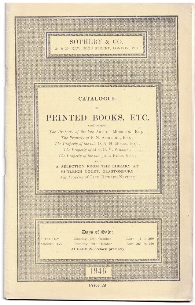 SOTHEBY'S - Catalogue of Printed Books Comprising Works on the Fine Arts and in Modern Literature... 28 29 October 1946