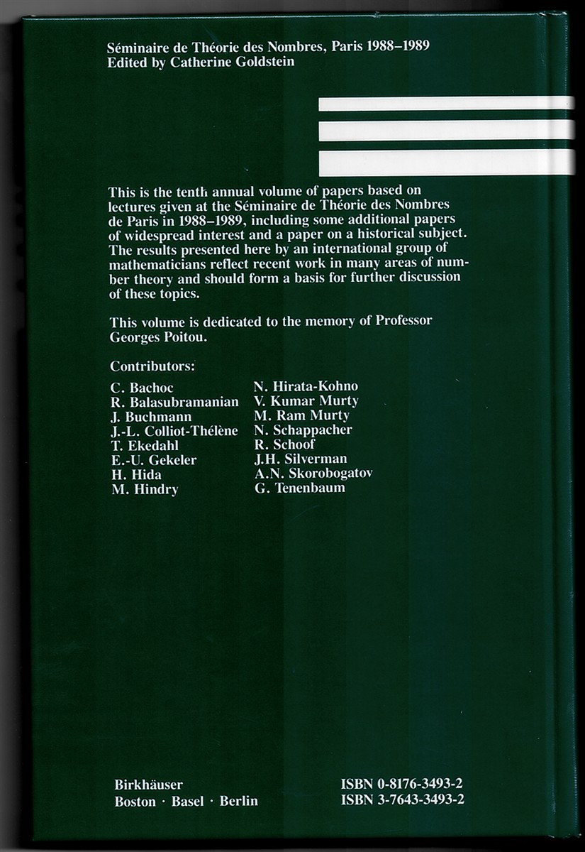 GOLDSTEIN, CATHERINE - Seminaire de Theorie Des Nombres, Paris 1988-1989 - Progress in Mathematics