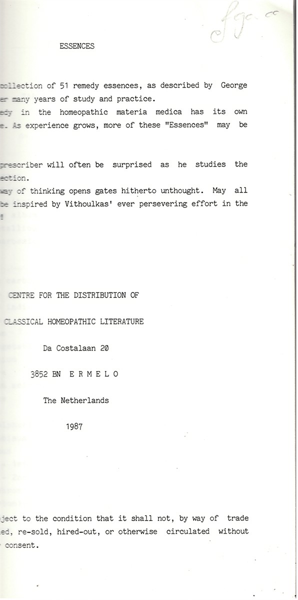VITHOULKAS, GEORGE - Essences by George Vithoulkas (J Van Twillert, Ed? )