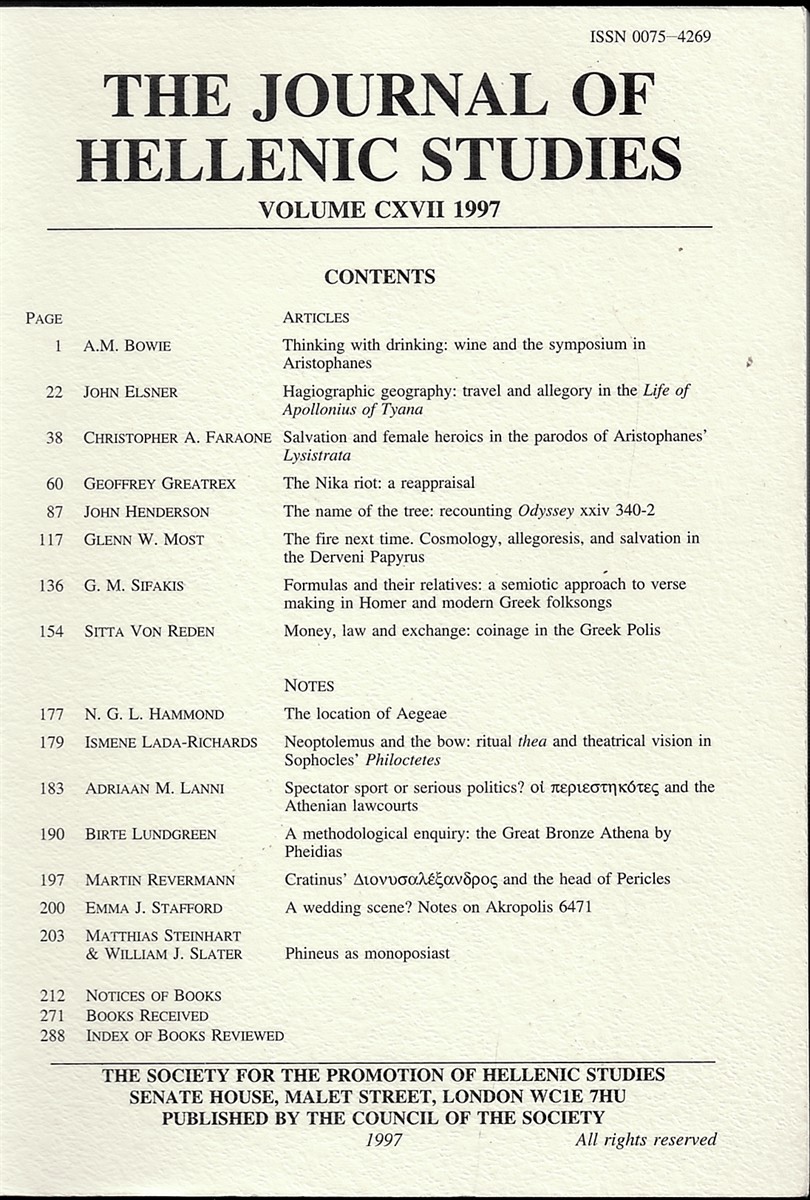 Image for The Journal of Hellenic Studies. Volume CXVII 1999 The Journal of Hellenic Studies. Volume CXVII 1999
