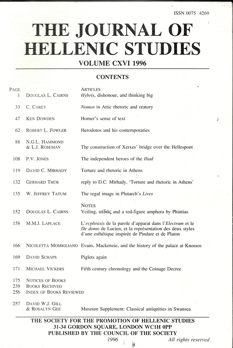 Image for The Journal of Hellenic Studies. Volume CXCI 1996 The Journal of Hellenic Studies. Volume CXCI 1996