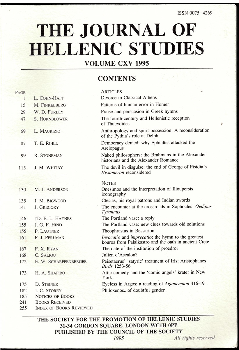 Image for The Journal of Hellenic Studies. Volume CXV 1995 The Journal of Hellenic Studies. Volume CXV 1995