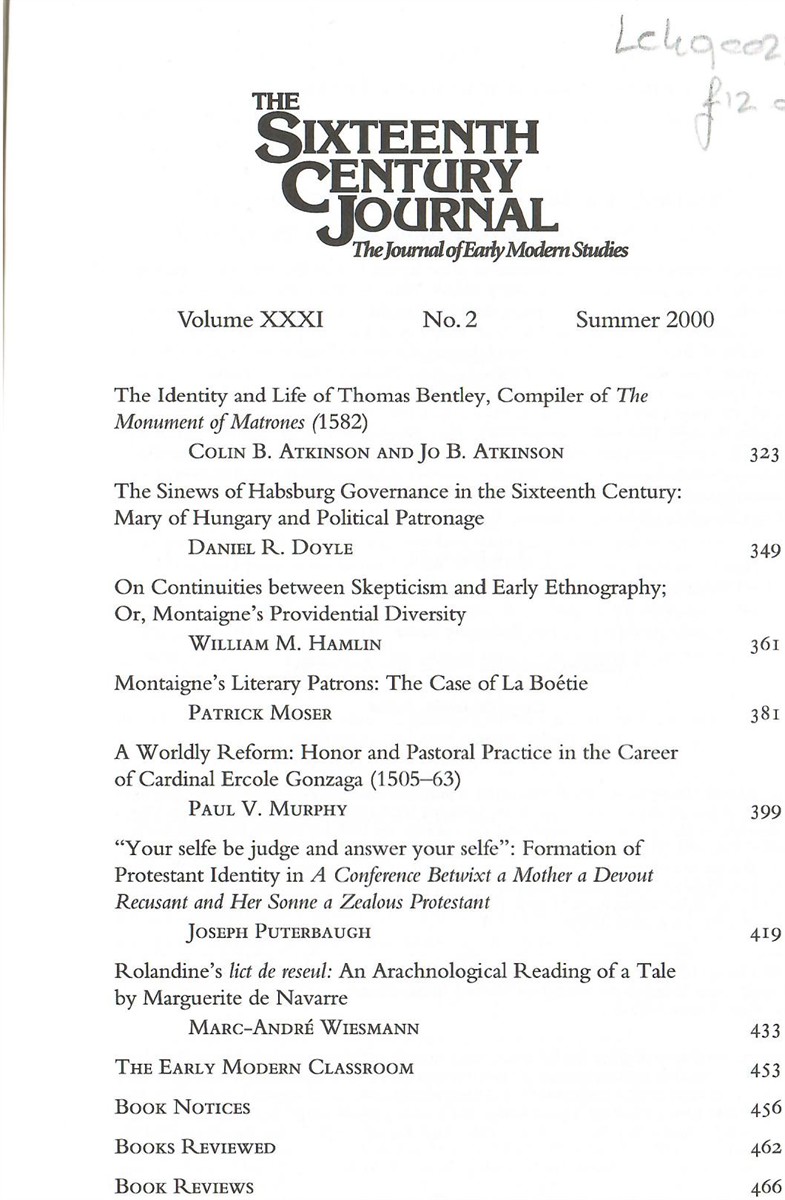  - The Sixteenth Century Journal. The Journal of Early Modern Studies. Volume XXXI. No. 2 Summer 2000