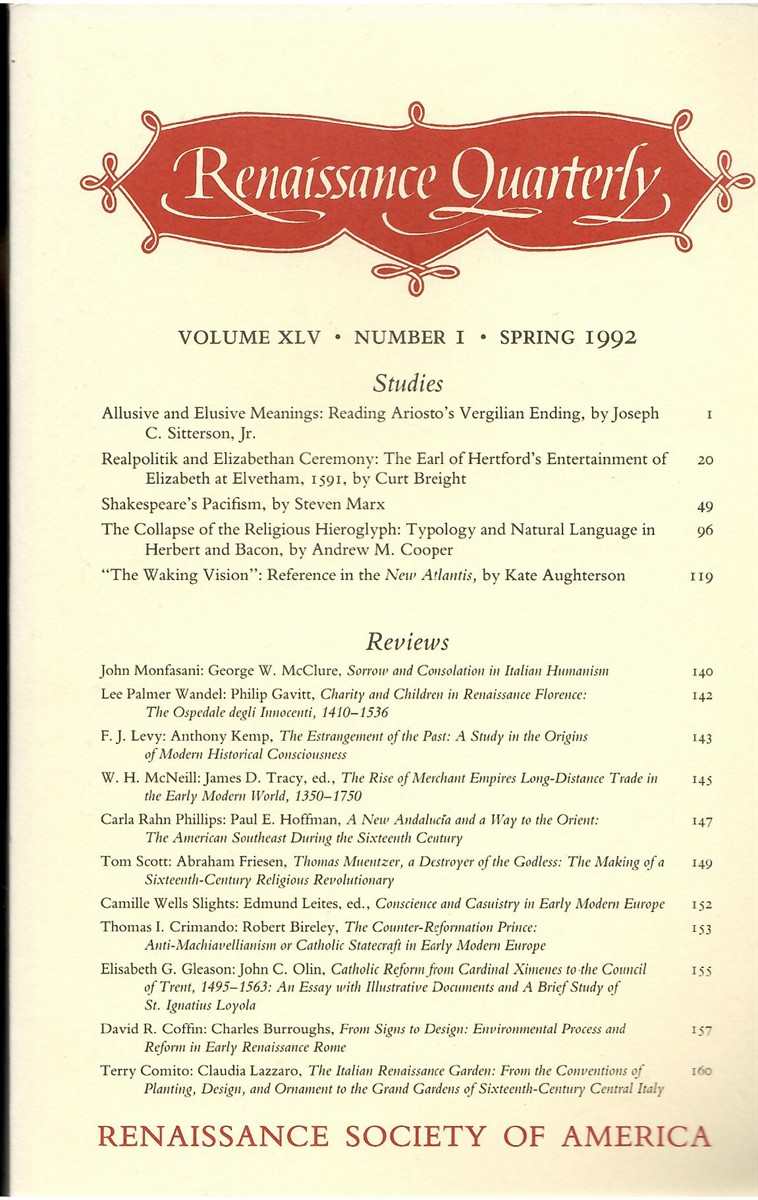 Renaissance Quarterly. Volume XLV. Number 1. Spring 1992