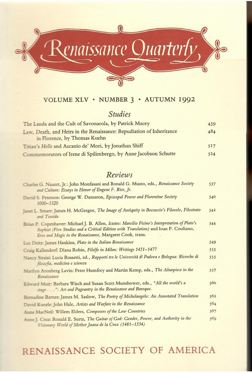 Renaissance Quarterly. Volume XLV. Number 3. Autumn 1992