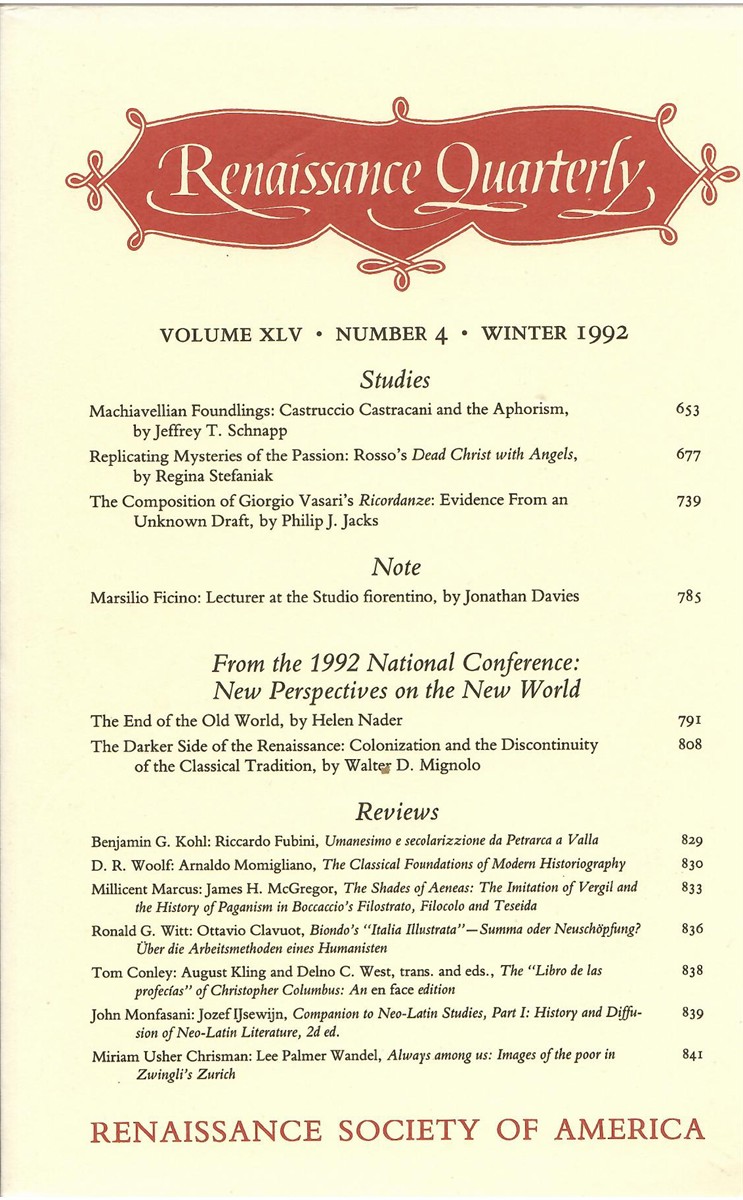 Renaissance Quarterly. Volume XLV. Number 4. Winter 1992