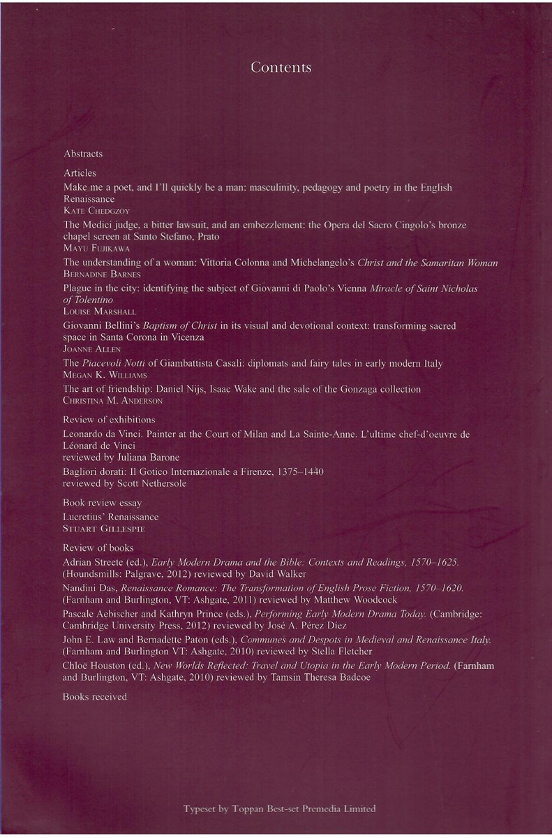 Renaissance Studies. Journal of the Society for Renaissance Studies. Volume 27. Number 5 November 2013