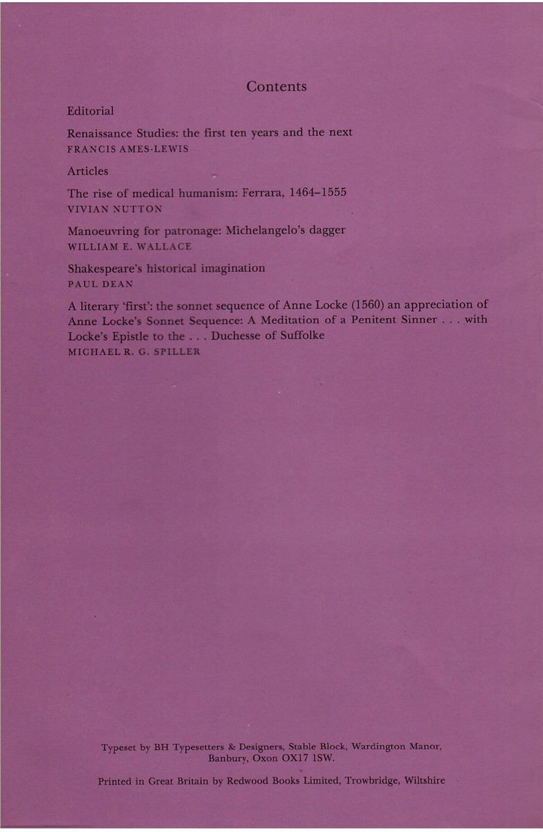 Renaissance Studies. Journal of the Society for Renaissance Studies. Volume 11. Number 1. March 1997
