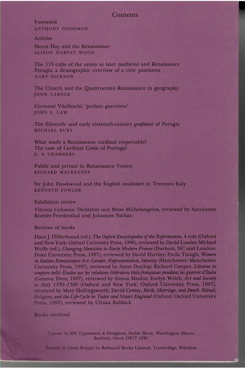 SOCIETY FOR RENAISSANCE STUDIES - Renaissance Studies. Journal of the Society for Renaissance Studies. Volume 12. Number 1. March 1998