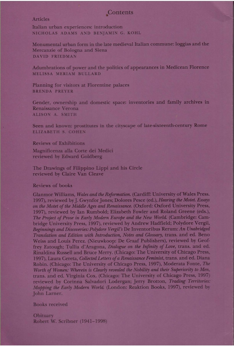 Renaissance Studies. Journal of the Society for Renaissance Studies. Volume 12. Number 3. September 1998 Italian Urban Experiences